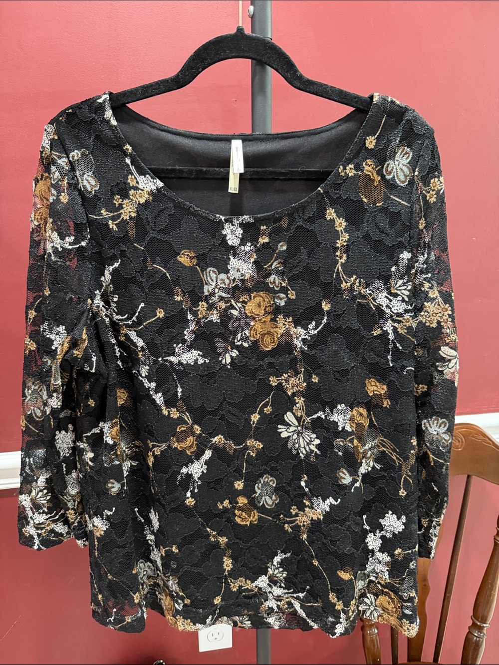 White Stag Black Lace Floral Top with Gold and White Accents